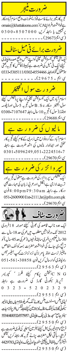 Misc. Jobs in Rawalpindi Jang Classified 1