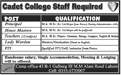Cadet College Staff Required in Lahore