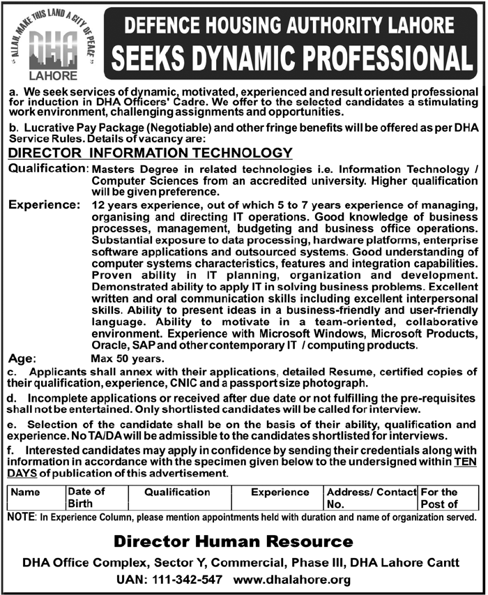 DHA Lahore Required the Services of Director Information Technology