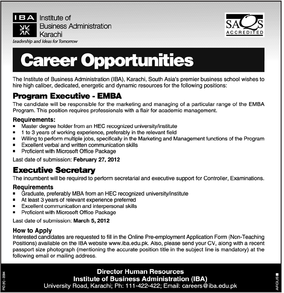 Institute of Business Administration Karachi Required Program Executive and Executive Secretary