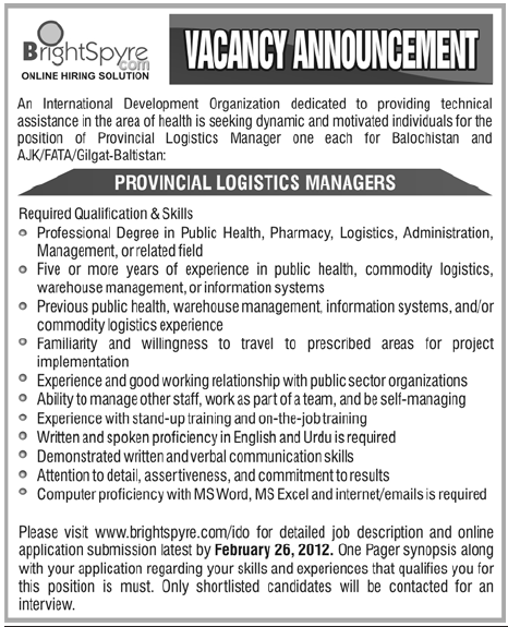 An International Development Organization Required Provincial Logistics Managers