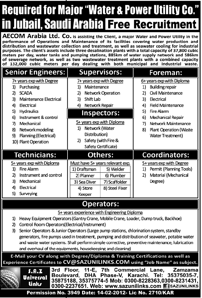 Technical Staff Required by AECOM Arabia Ltd. Co. For Jubail, Saudi Arabia