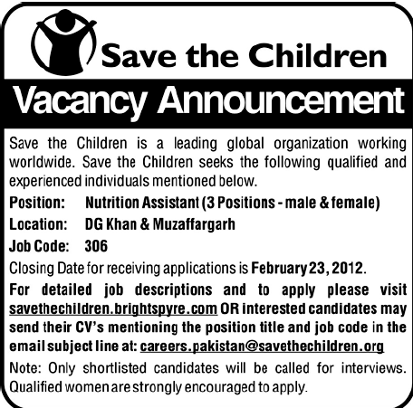Save the Children Required the Services of Nutrition Assistants