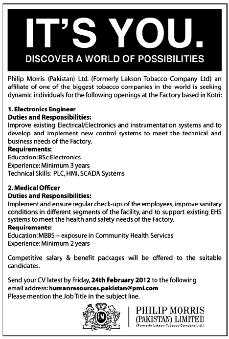 Philip Morris Pakistan Required Electronics Engineer and Medical Officer