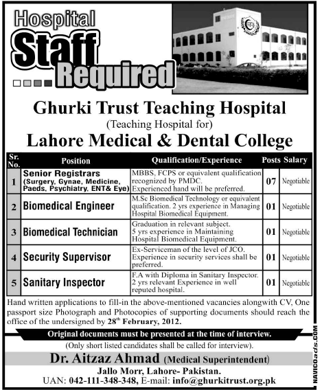 Ghurki Trust Teaching Hospital and Lahore Medical & Dental College Required Staff