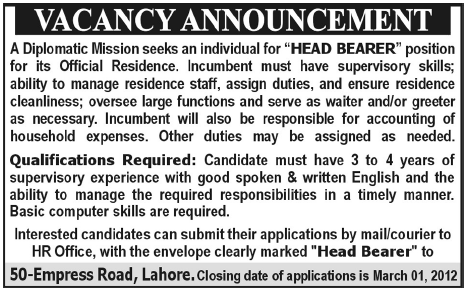 Head Bearer Required by a Diplomatic Mission for Official Residence