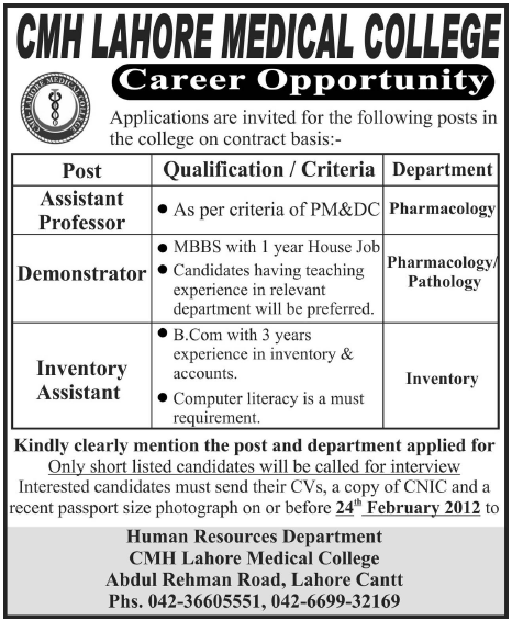 CMH Lahore Medical College Required Staff