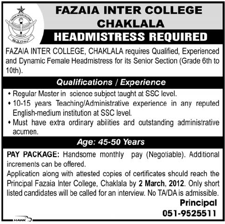Fazaia Inter College Chaklala Required Headmistress