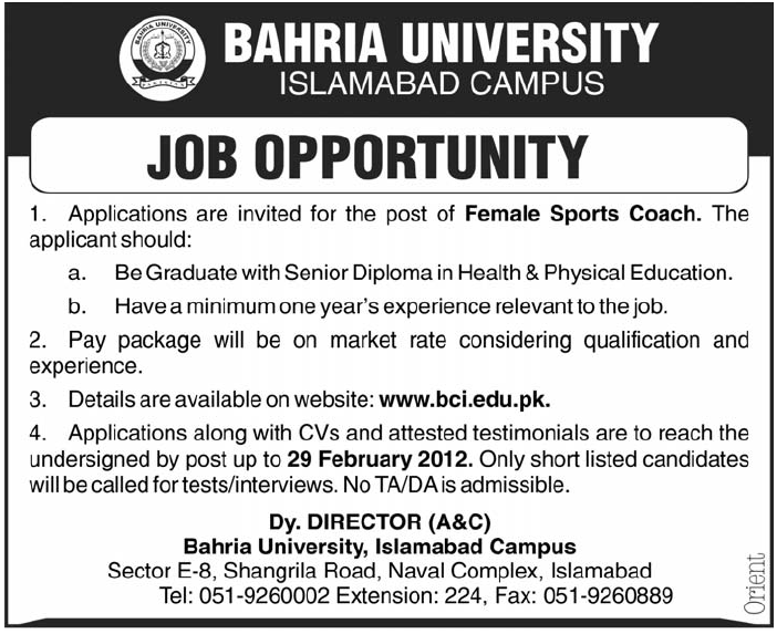 Bahria University Islamabad Required Female Sports Coach