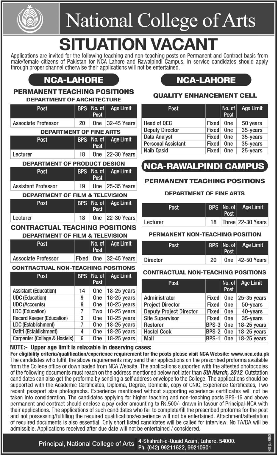 National College of Arts, Lahore and Rawalpindi Campus Required Teaching and Non-Teaching Staff