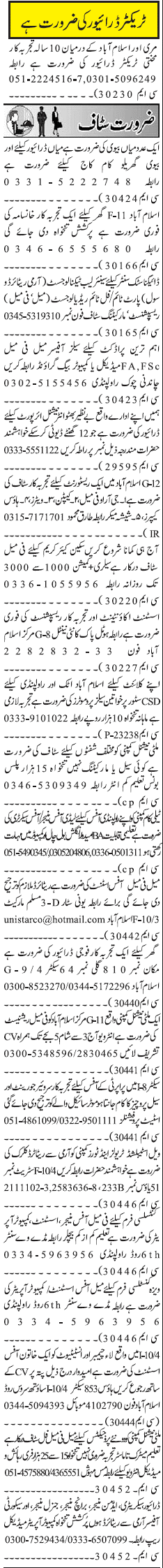 Misc. Jobs in Rawalpindi Jang Classified 1