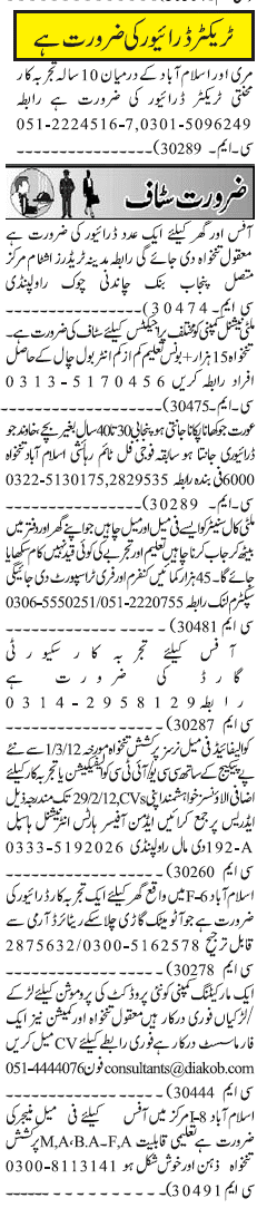 Misc. Jobs in Rawalpindi Jang Classified