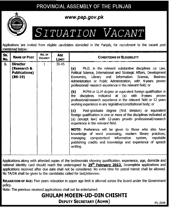 Provincial Assembly of the Punjab Required Director (Research & Publications)