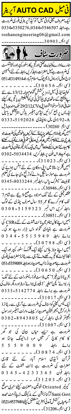 Misc. Jobs in Rawalpindi Jang Classified