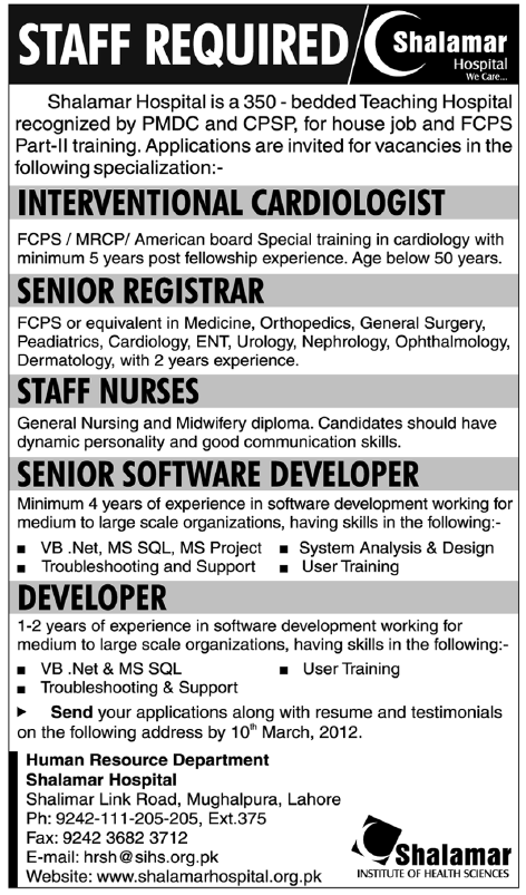 Shalamar Hospital Lahore Required Staff