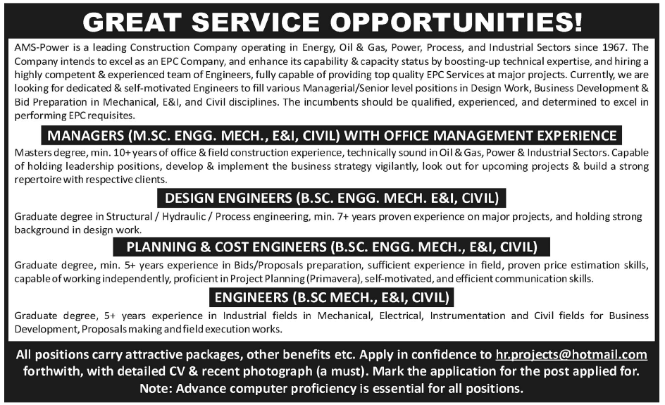 AMS-Power Construction Company Jobs Opportunity