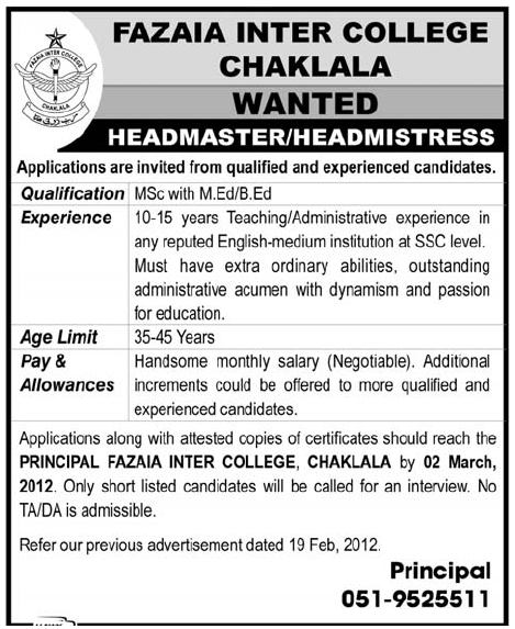 Fazaia Inter College Chaklala Rawalpindi Required Headmaster/Headmistress