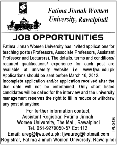 Fatima Jinnah Women University, Rawalpindi Jobs Opportunity