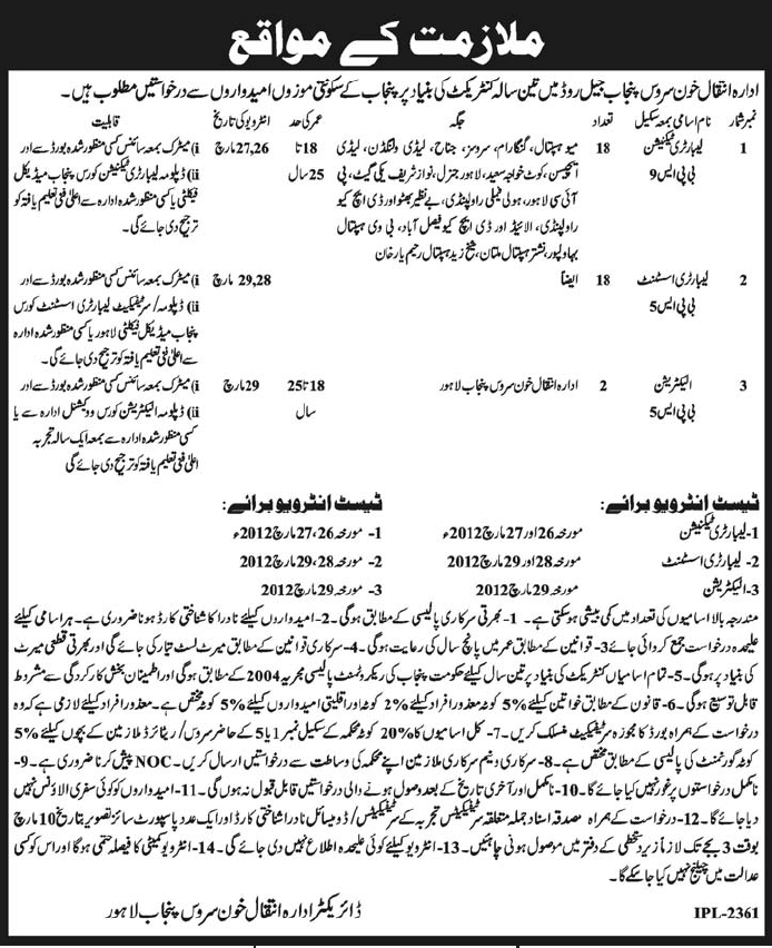 Department of Blood Transfer Services Punjab Jobs Opportunity
