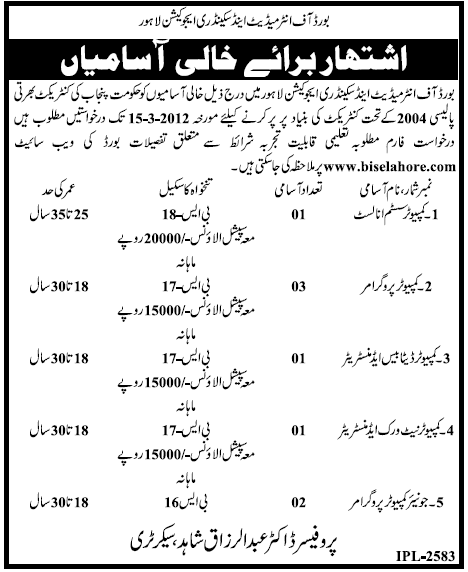Board of Intermediate and Secondary Education, Lahore Jobs Opportunity