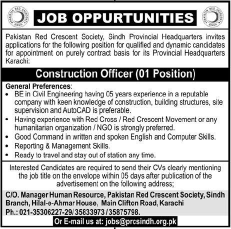 Pakistan Red Crescent Society, Sindh Provincial Headquarters Required Construction Officer