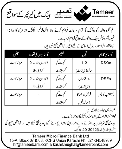 Tameer Bank Jobs Opportunity