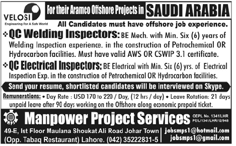 QC Welding Inspectors and QC Electrical Inspectors Required for Saudi Arabia
