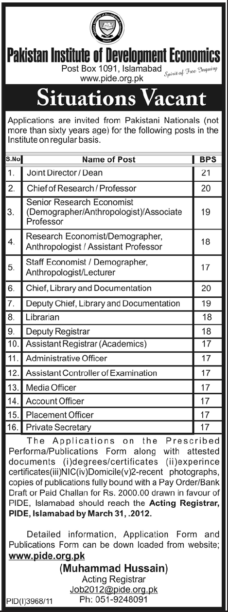 Pakistan Institute of Development Economics Jobs Opportunity