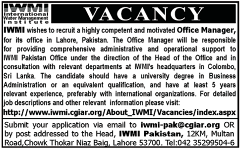 IWMI International Water Management Institute Required Office Manager
