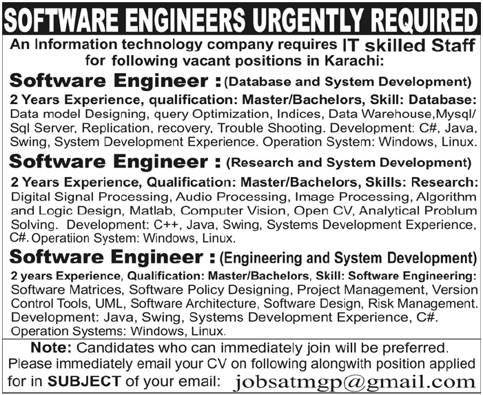 Software Engineers Required in Karachi