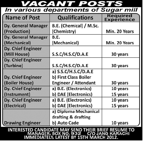 A Suger Mill in Karachi Required Staff