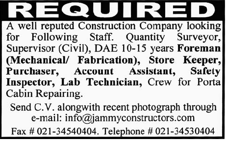 Construction Company Required Staff