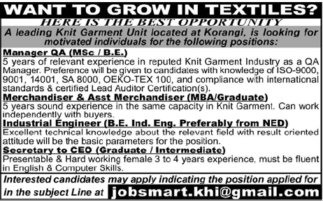 Staff Required by a Knit Garment Unit in Karachi