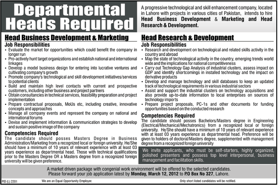 Departmental Heads Required in Lahore by a Private Sector Organization