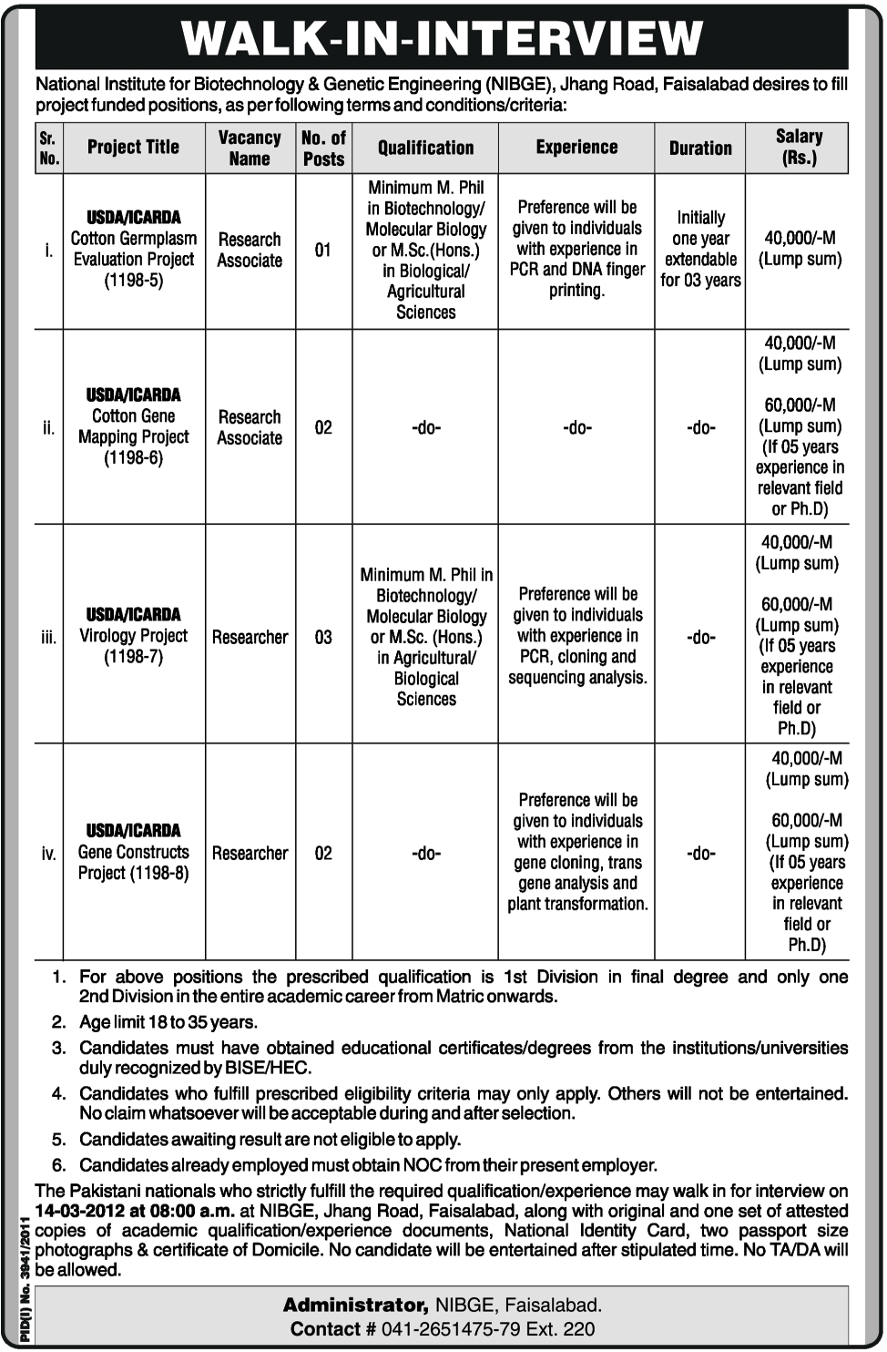 National Institute for Biotechnology & Genetic Engineering (NIBGE) Faisalabad Jobs Opportunity