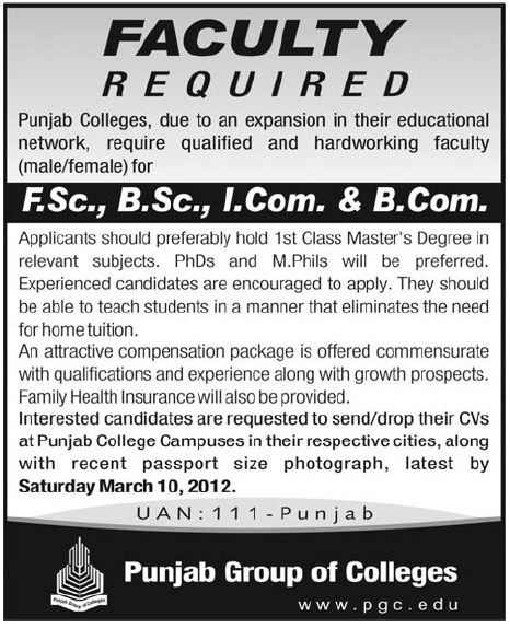 Punjab Group of Colleges Required Faculty