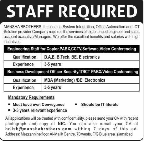 MANSHA Brothers Required Engineering Staff and Business Development Officers
