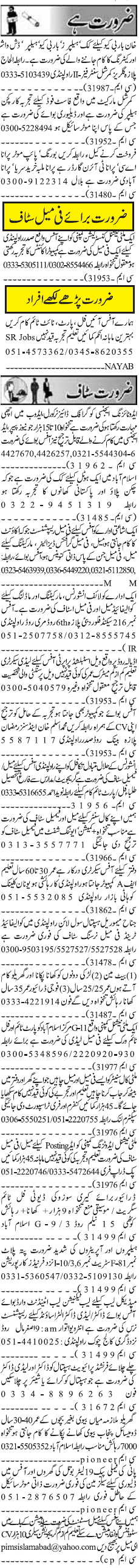 Misc. Jobs in Rawalpindi Jang Classified 2