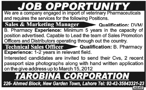 Tarobina Corporation Required Sales & Marketing Manager and Technical Sales Officer