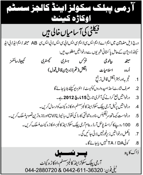 Army Public Schools and Colleges System (Govt Jobs) Okara Requires Faculty