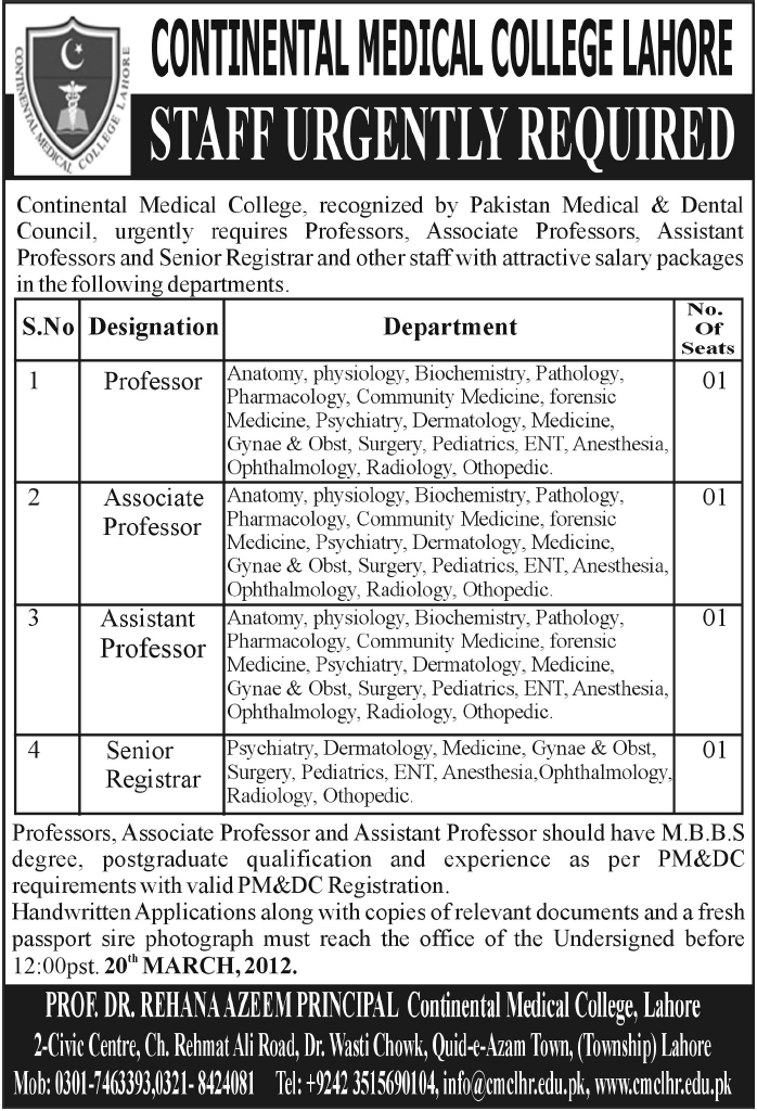 Continental Medical College Lahore Jobs Opportunity