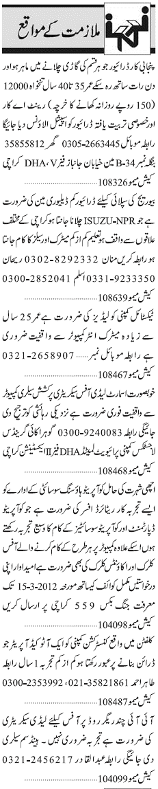 Misc. Jobs in Karachi Jang Classified 2