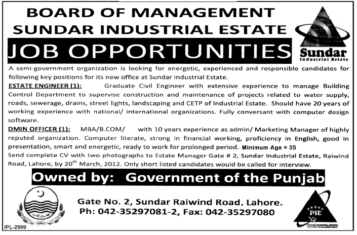 Board of Management Sundar Industrial Estate (Govt Sector) Jobs Opportunity