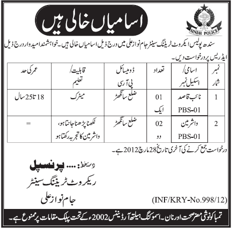 Sindh Police (Govt Jobs) Requires Naib Qasid and Washer Man