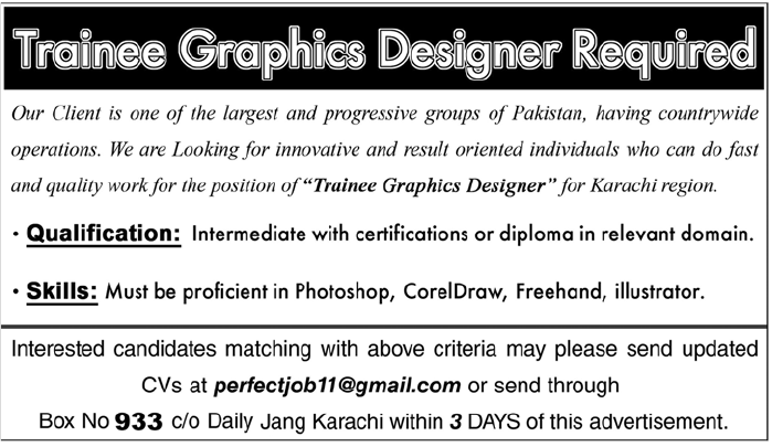 Graphics Designer (Trainee) Required by Private Sector Organization in Karachi
