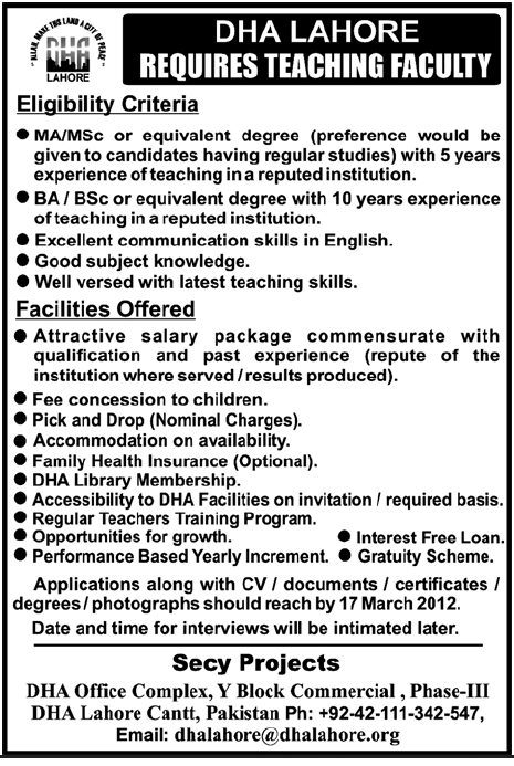 DHA Lahore Requires Teaching Faculty