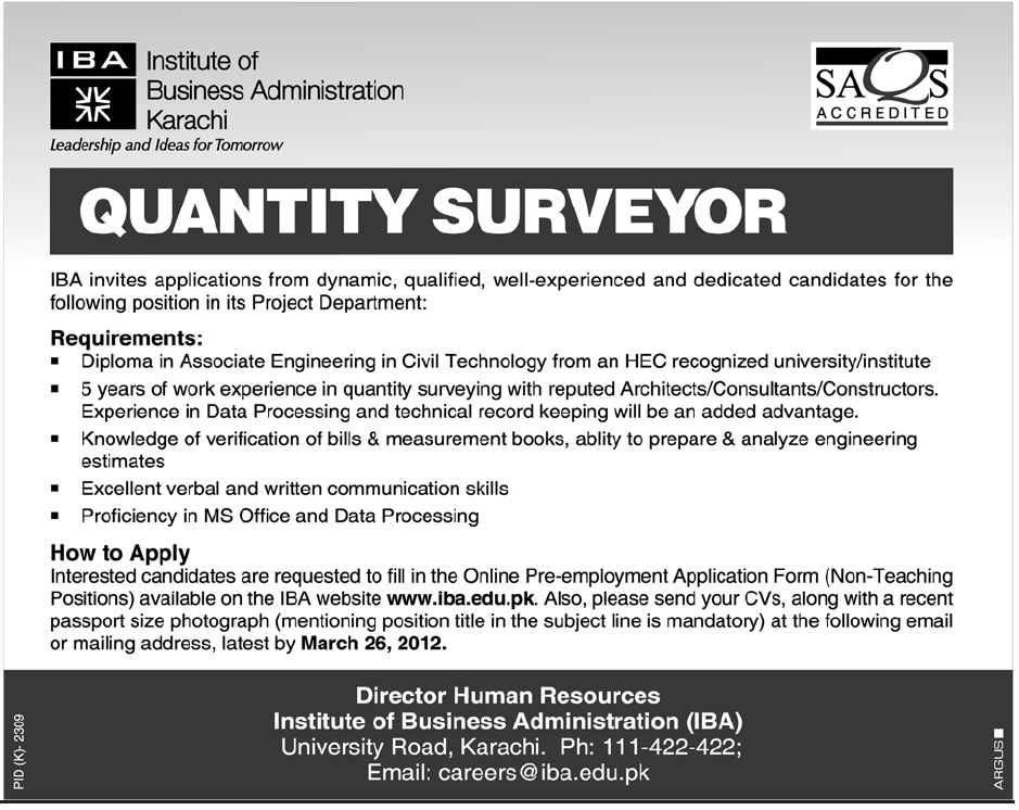 IBA Requires Quantity Surveyor