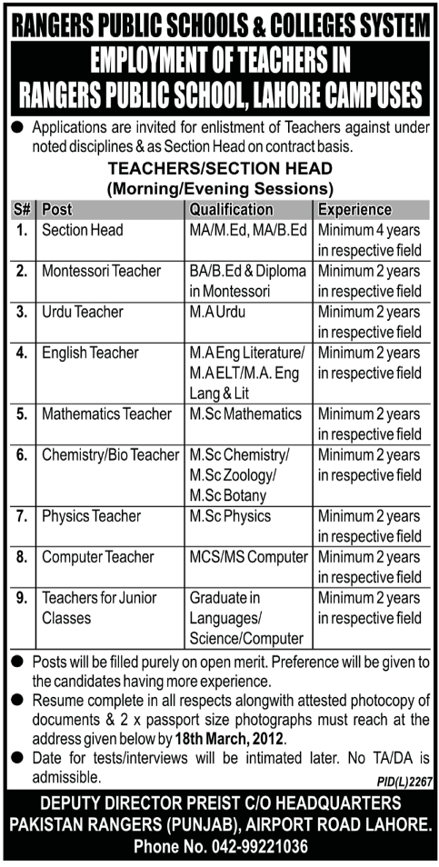 Rangers Public School & Colleges System (Govt) Jobs