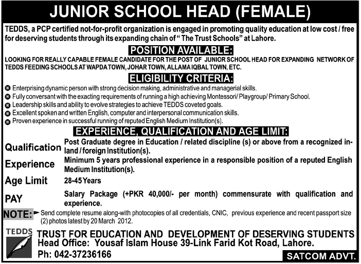 TEDDS (NGO Jobs) Requires Junior School Head-Female