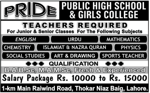 Pride Public High School & Girls College Requires Teachers